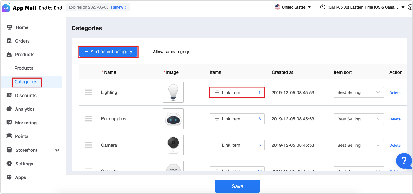 Product category setting