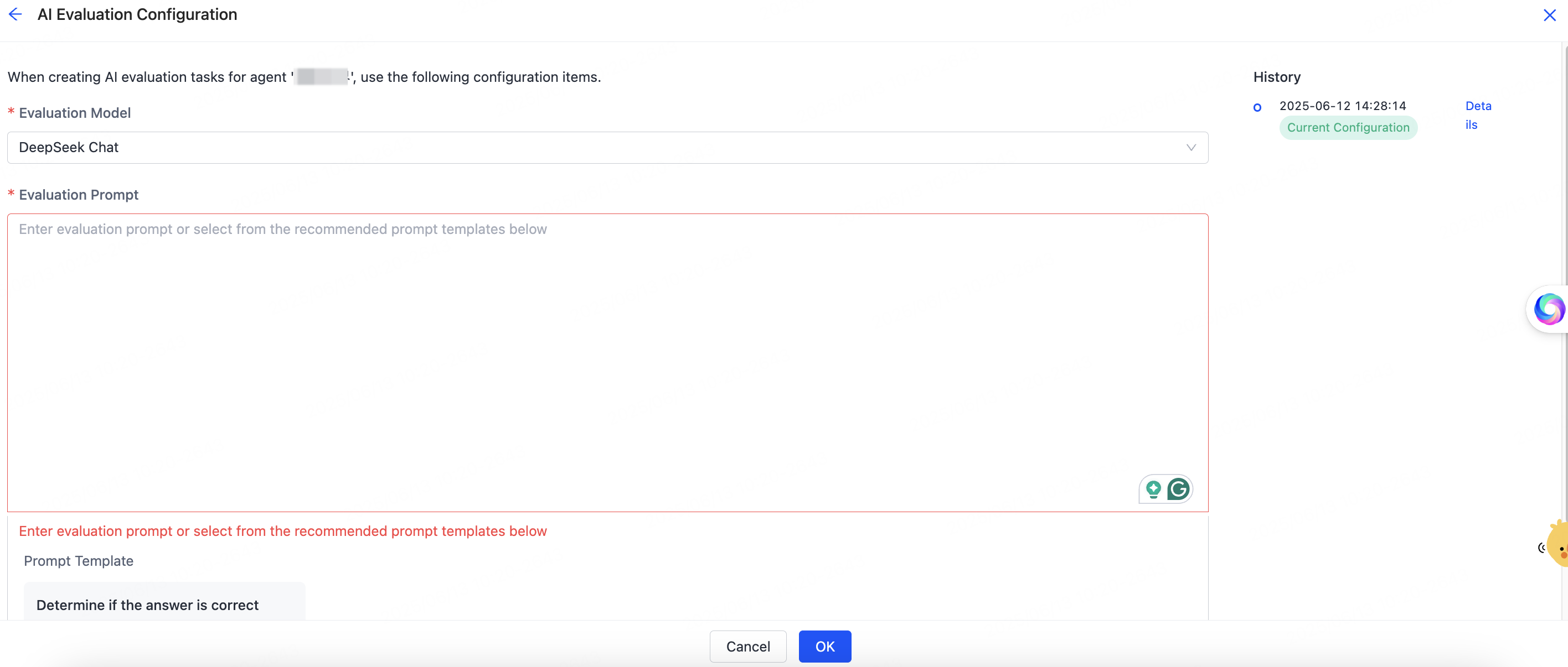 AI evaluation configuration