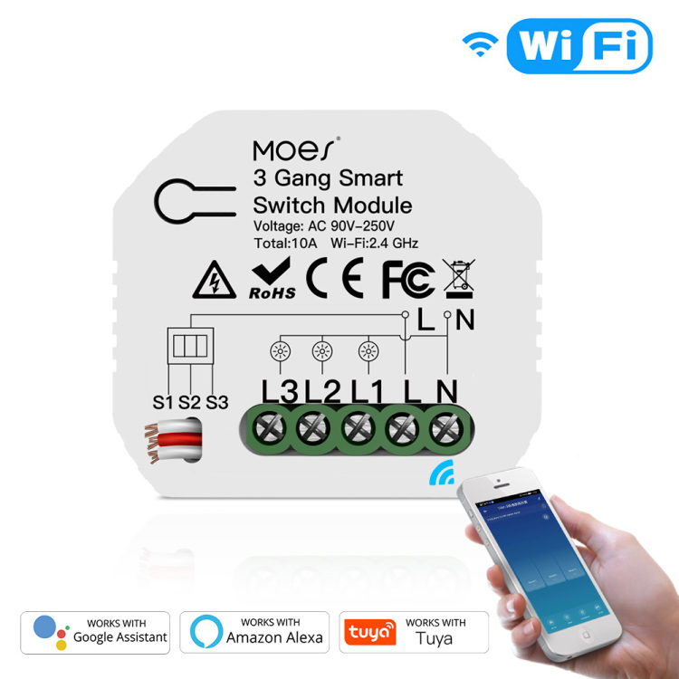 Mini DIY Wi-Fi Smart Light Switch 3 Gang 1/2 Way Module Smart Life/Tuya App Wireless Remote Control