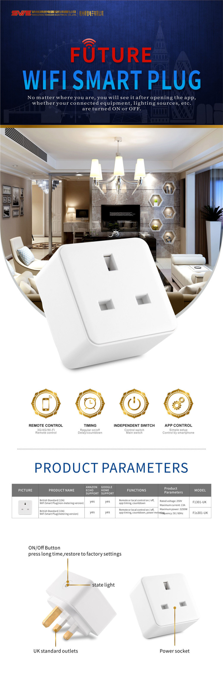 UK Standard Plug Power Outlet Light ON/OFF Switch Socket Wireless