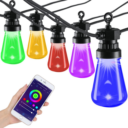 Outdoor String Lights RGB Shatterproof Patio Lights with 15 Dimmable Plastic Bulbs Commercial Light String