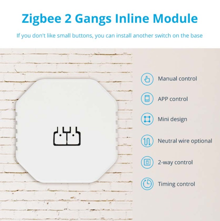 Zemismart Zigbee 2 Gangs Inline Module Neutral Wire Optional App Control