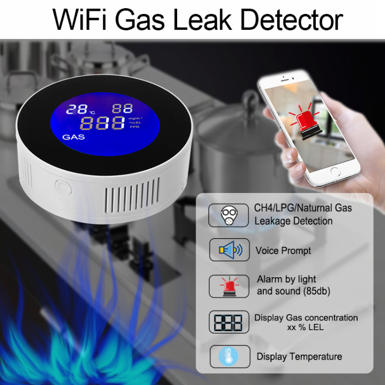 Tuya Wifi Smart Natural Gas Alarm Sensor With temperature function Flammable Gas Leak Detector LCD Display Smart Life