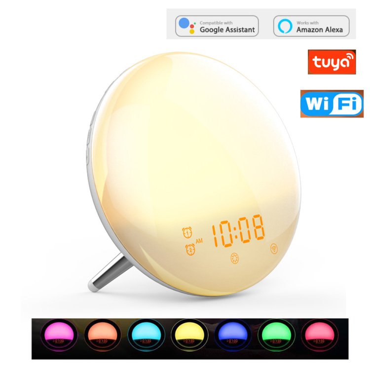 Tuya Wake Up Light Sunrise Alarm WiFi Smart 7 Colors Sunrise Sunset FM Radio Digital Nightlight Clock For Alexa Go Table Lamps | Tuya Expo