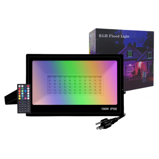100W RGBW 44 Keys Remote Control LED Flood Lights Dimmable Color Changing, IP66 Waterproof for Outdoor Garden, Party