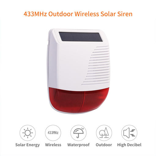 433Mhz High Decibel Outdoor Solar Wireless Siren Loudspeaker Waterproof Strobe For Smart Home Security Alarm System