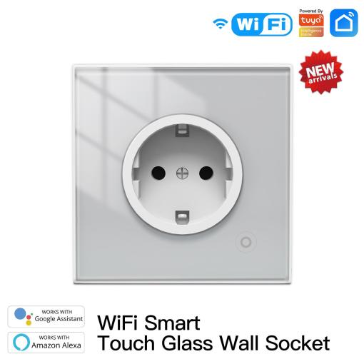 WiFi Smart EU type Socket Glass Panel Outlet Power Monitor Extremely Soft Touch Plug Relay Status