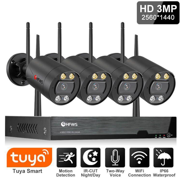 Wireless Security Camera System 8CH 3MP NVR WiFi Camera System with 4PCS 3MP WiFi IP Camera Weatherproof  Color Night