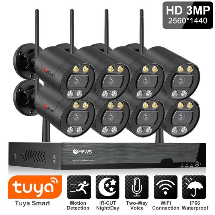 Wireless Security Camera System 8CH 3MP NVR WiFi Camera System with 8PCS 3MP WiFi IP Camera Weatherproof  Color Night