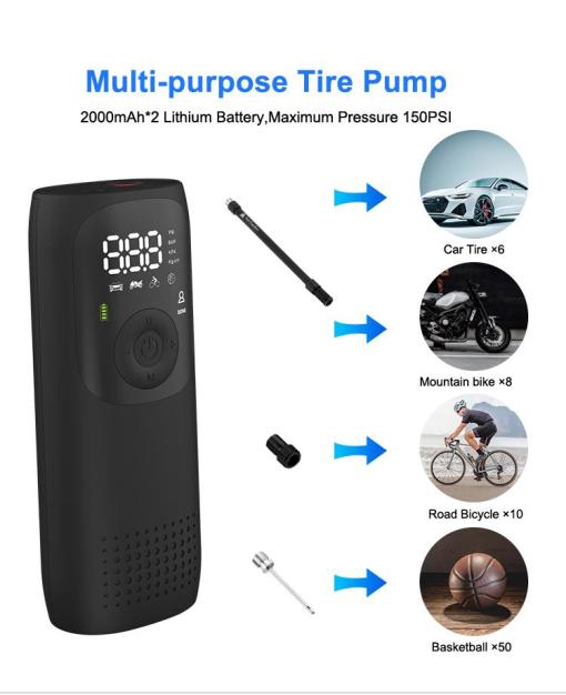Newo 12V Battery Operated Portable Cordless Tire Inflator 150 PSI Electric Tyre Pressure Detection Gauge Smart Ball Socc