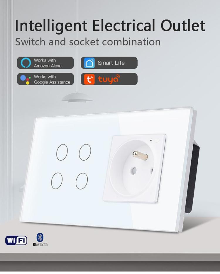 Wi-Fi 4 Gang Smart Switch EU Standard Intelligent Socket IOT Tuya Smart  Switch Socket Combination, Wall Sockets