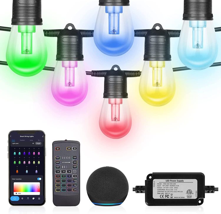 RGBCW Smart Color Changing String Lights IP65 Waterproof, Wi-Fi APP, Bluetooth Control for Outside, Patio, Party