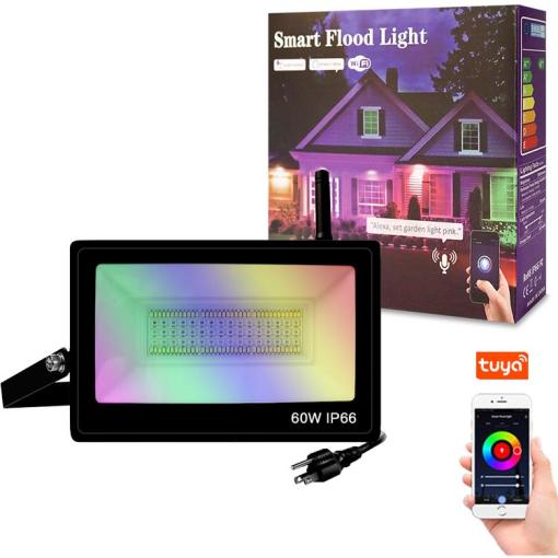 60W Wi-Fi Smart LED Flood Light RGBCW Outdoor IP66 Dimmable Color Changing Stage Lights with APP Control, work with Alexa