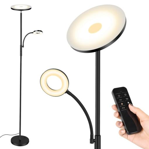36W Super Bright Remote & Touch Control LED Torchiere Floor Lamp with 7W Reading Light Stepless Dimmable for Room Office