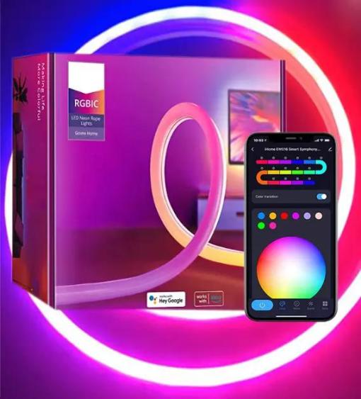 DAYBETTER 3M Neon TUYA Wi-Fi & BLE IP67 RGBIC Neon Led Strip Lights 10ft APP control IR control Voice control