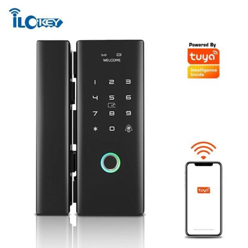 iLockey WiFi Remote Control Tuya app biometric fingerprint digital Smart glass door lock for Office