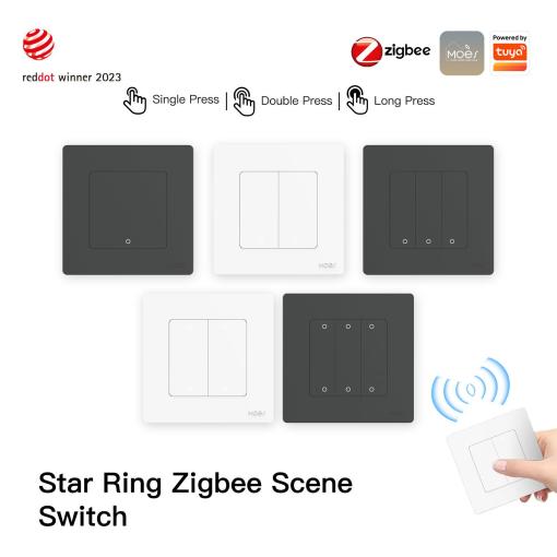 MOES New Star Ring Smart ZigBee3.0 Push Button Scene Switch 2 Gang Free Sticker Wireless Light Touch Dimmer Battery Po