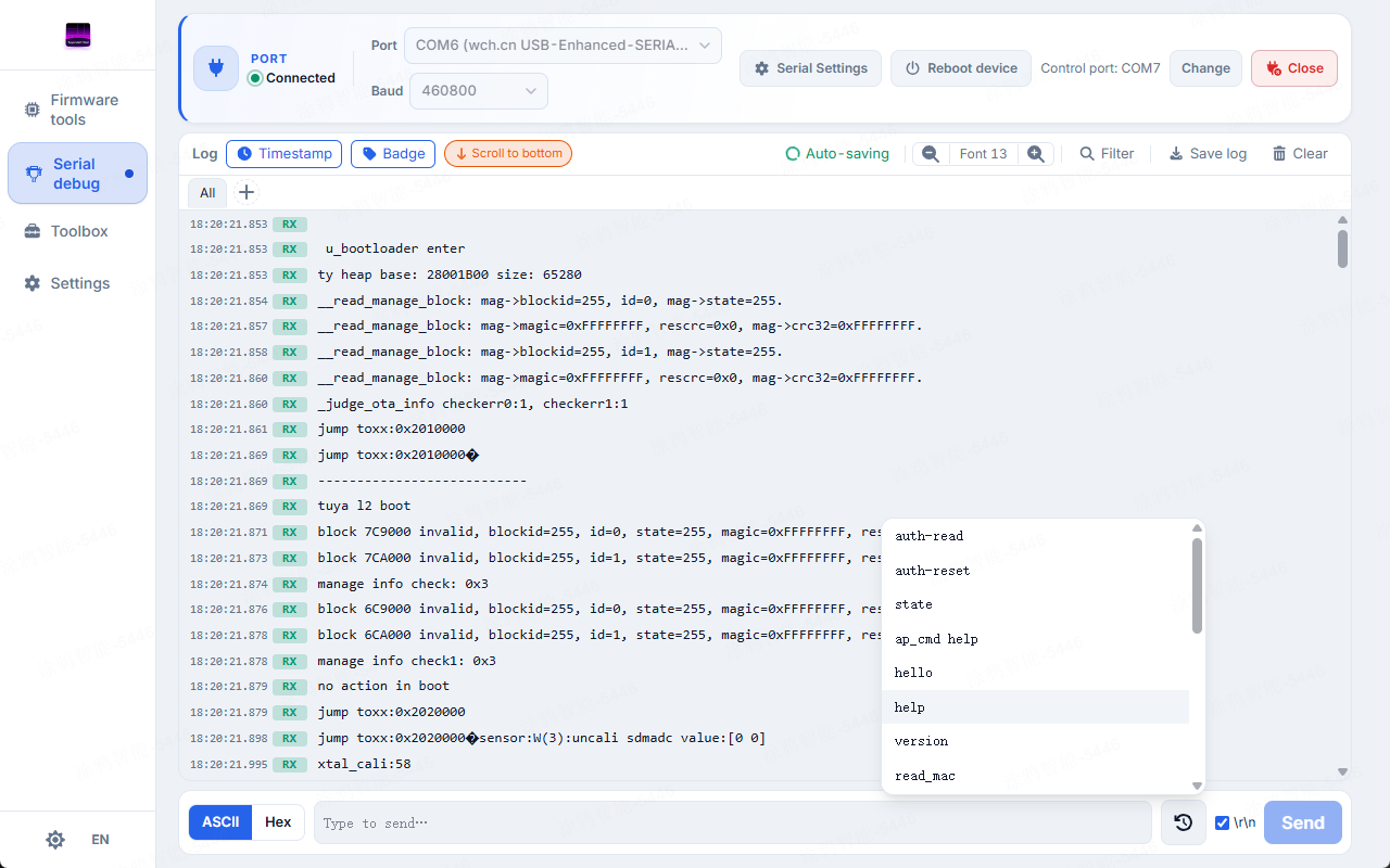 Send bar with a command list open above the input, and live log rows with RX badges in the background