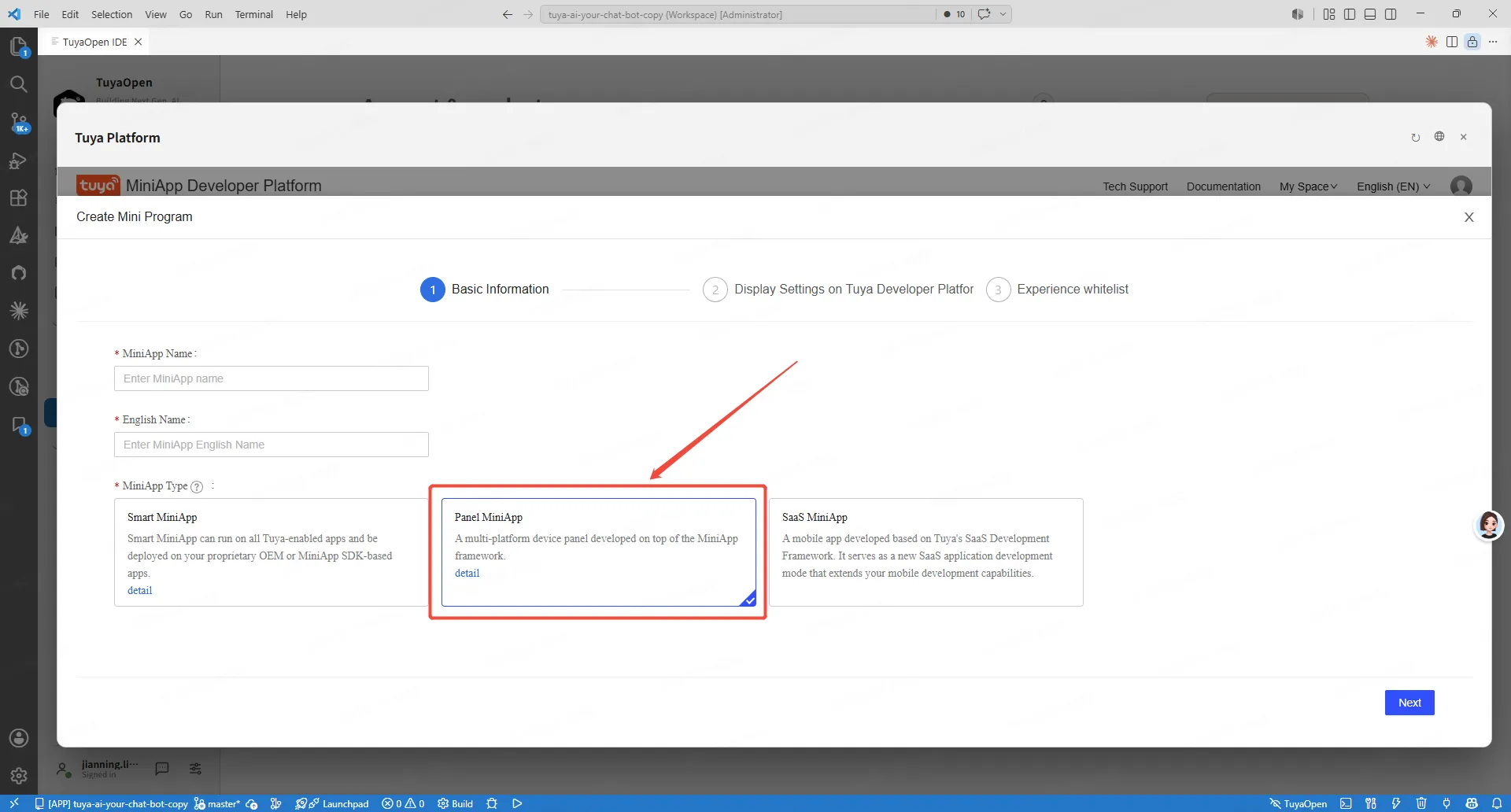 Select the panel mini-app type