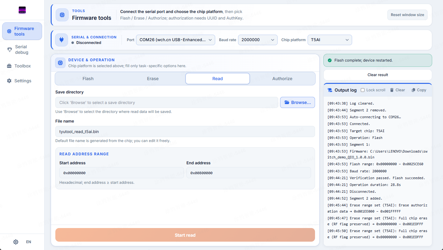 Read tab — read the flash to a file for backup
