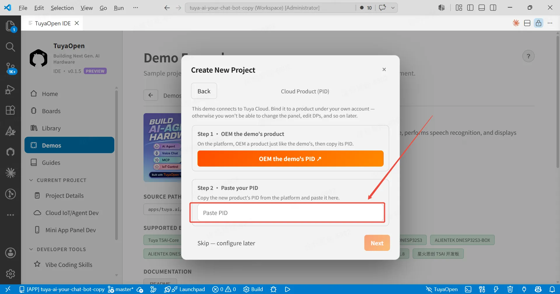 Paste the PID and create the project in the IDE