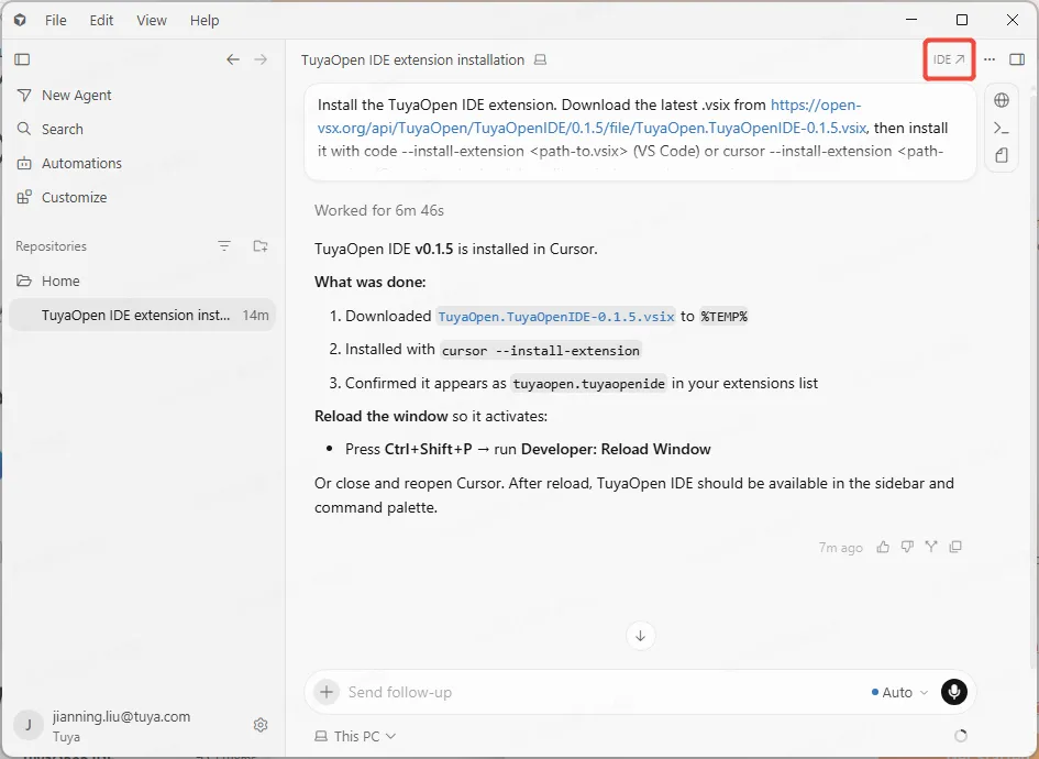 Pasting the install prompt into the Cursor agent