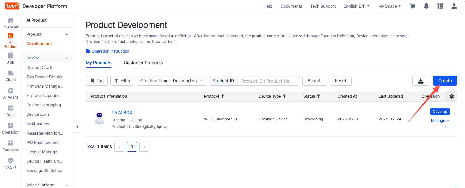 Tuya Developer Platform create product page