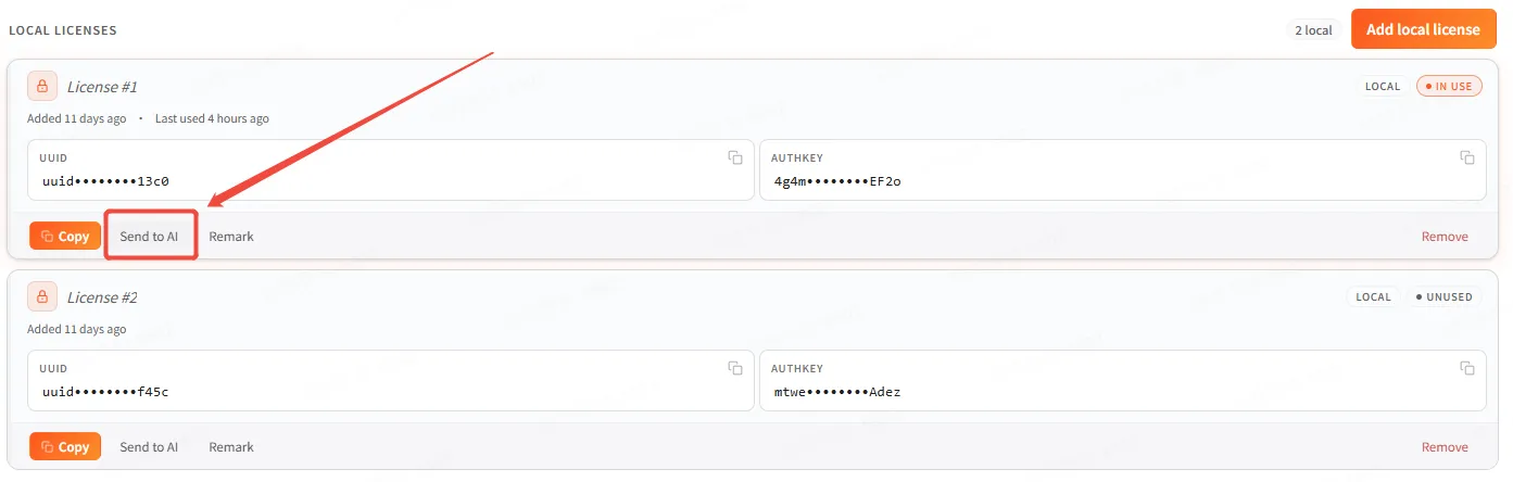 AI writes the license key to the device