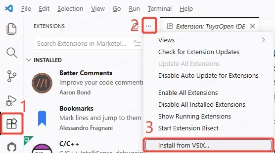 Installing a VSIX from the Extensions panel menu
