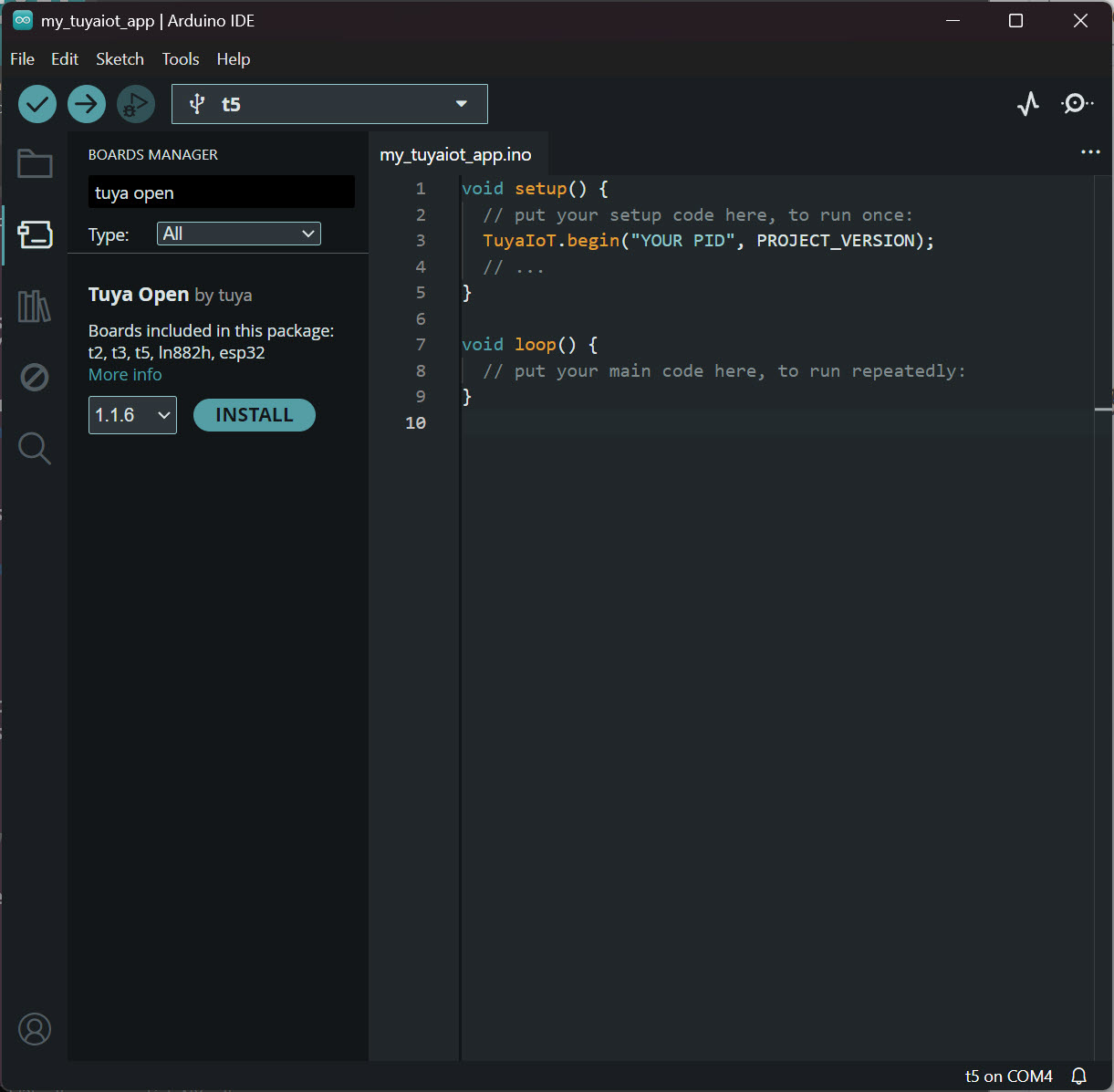 TuyaOpen in Arduino IDE on a dark theme