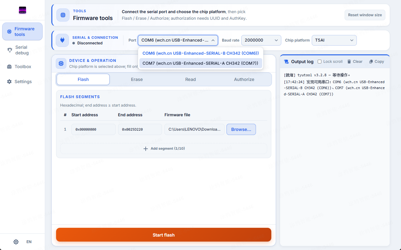 tyutool main window on the Flash page, with the serial dropdown open and showing detected ports